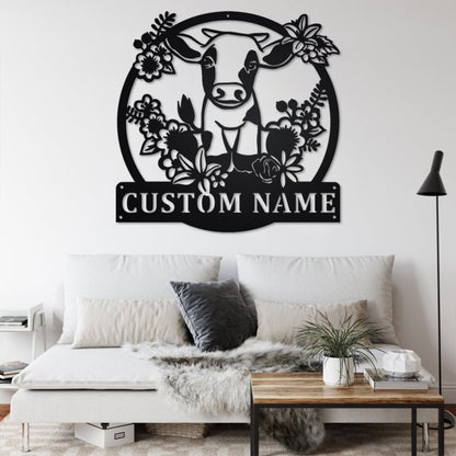 Custom Floral Cow Farm Metal Wall Art, Personalized Cow Farm Name Sign Decoration For Room, Cow Farm Metal Home Decor, Custom Floral Cow