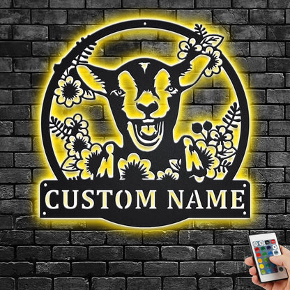 Custom Wreath Farm Goat Metal Wall Art With LED Light, Personalized Goat Name Sign Decoration For Room, Goat Metal Home Decor, Custom Goat