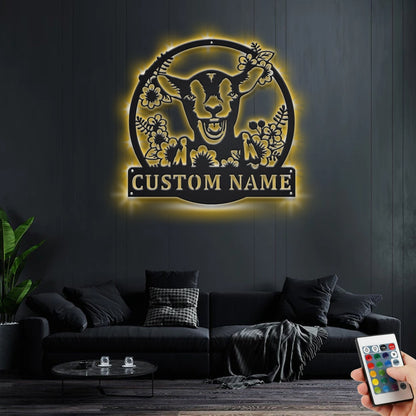 Custom Wreath Farm Goat Metal Wall Art With LED Light, Personalized Goat Name Sign Decoration For Room, Goat Metal Home Decor, Custom Goat