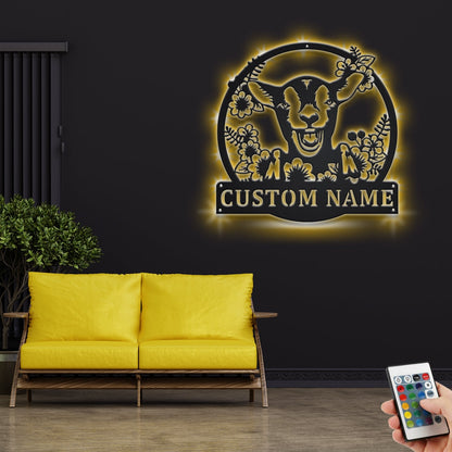 Custom Wreath Farm Goat Metal Wall Art With LED Light, Personalized Goat Name Sign Decoration For Room, Goat Metal Home Decor, Custom Goat