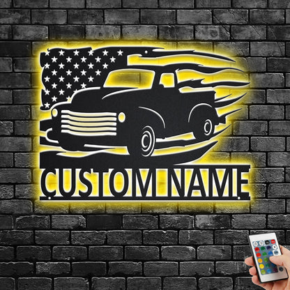 Custom US Farm Truck Metal Wall Art With LED Light, Personalized Farm Trucker Name Sign Decoration For Room, Farm Truck Metal LED Decor