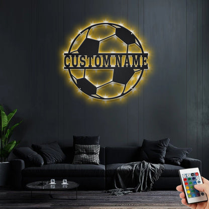 Custom Soccer Ball Metal Wall Art With LED Light, Personalized Soccer Player Name Sign Decoration For Room, Soccer Ball Metal LED Decor