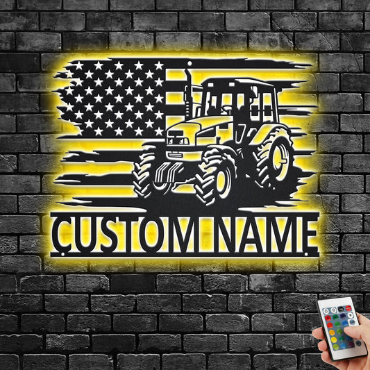 Custom US Tractor Metal Wall Art With LED Light, Personalized Tractor Farm Name Sign Decoration For Room, Tractor Metal LED Decor, Tractor