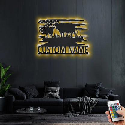 Custom US Cow Metal Wall Art With LED Light, Personalized Cow Farm Name Sign Decoration For Room, Cow Metal LED Decor, Custom Cow Farm