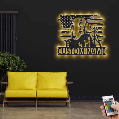 Custom US Farm Goat Metal Wall Art With LED Light, Personalized Goat Farm Name Sign Decoration For Room, Farm Goat Metal LED Decor