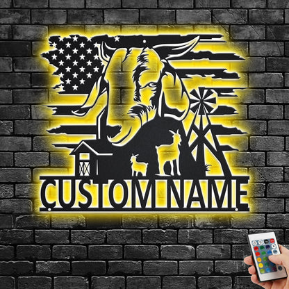 Custom US Farm Goat Metal Wall Art With LED Light, Personalized Goat Farm Name Sign Decoration For Room, Farm Goat Metal LED Decor