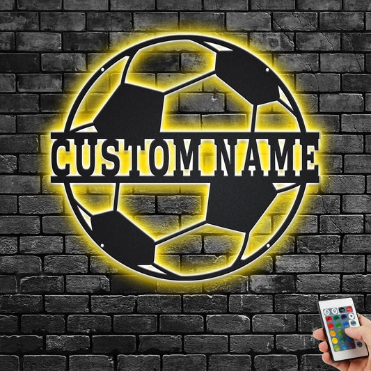 Custom Soccer Ball Metal Wall Art With LED Light, Personalized Soccer Player Name Sign Decoration For Room, Soccer Ball Metal LED Decor