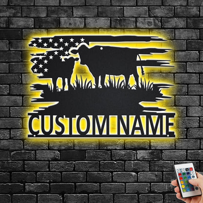 Custom US Cow Metal Wall Art With LED Light, Personalized Cow Farm Name Sign Decoration For Room, Cow Metal LED Decor, Custom Cow Farm