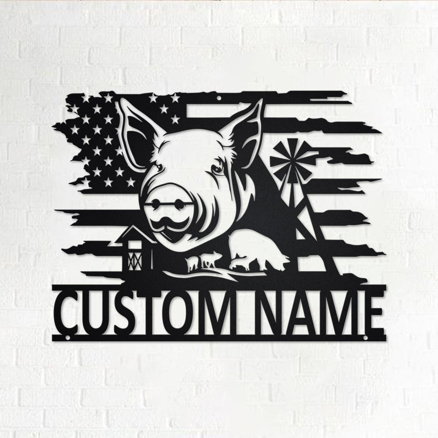 Custom US Farm Pig Metal Wall Art With LED Light, Personalized Pig Farm Name Sign Decoration For Room, Farm Pig Metal LED Decor, Farm Pig