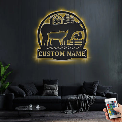 Custom Farm Animal Metal Wall Art With LED Light, Personalized Farmer Name Sign Decoration For Room, Farming Metal LED Decor, Custom Farmer