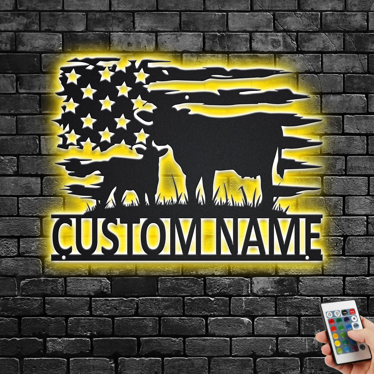 Custom US Cow Farm Metal Wall Art With LED Light, Personalized Cow Farm Name Sign Decoration For Living Room, Cow Farming Metal LED Decor