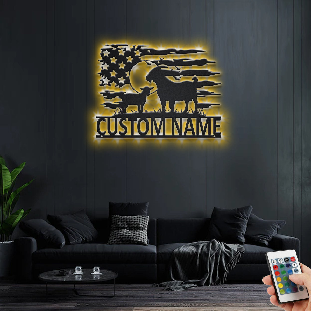 Custom US Goat Farm Metal Wall Art With LED Light, Personalized Goat Farm Name Sign Decoration For Living Room, Goat Farming Metal LED Decor