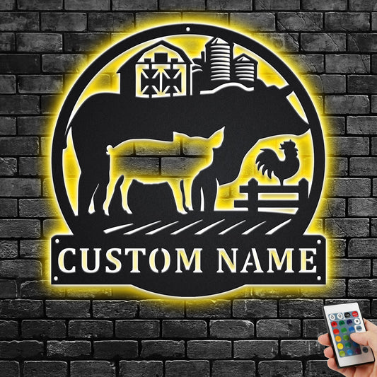 Custom Farm Animal Metal Wall Art With LED Light, Personalized Farmer Name Sign Decoration For Room, Farming Metal LED Decor, Custom Farmer