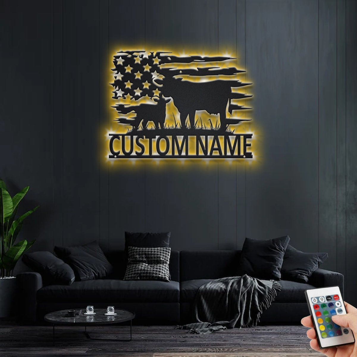 Custom US Cow Farm Metal Wall Art With LED Light, Personalized Cow Farm Name Sign Decoration For Living Room, Cow Farming Metal LED Decor