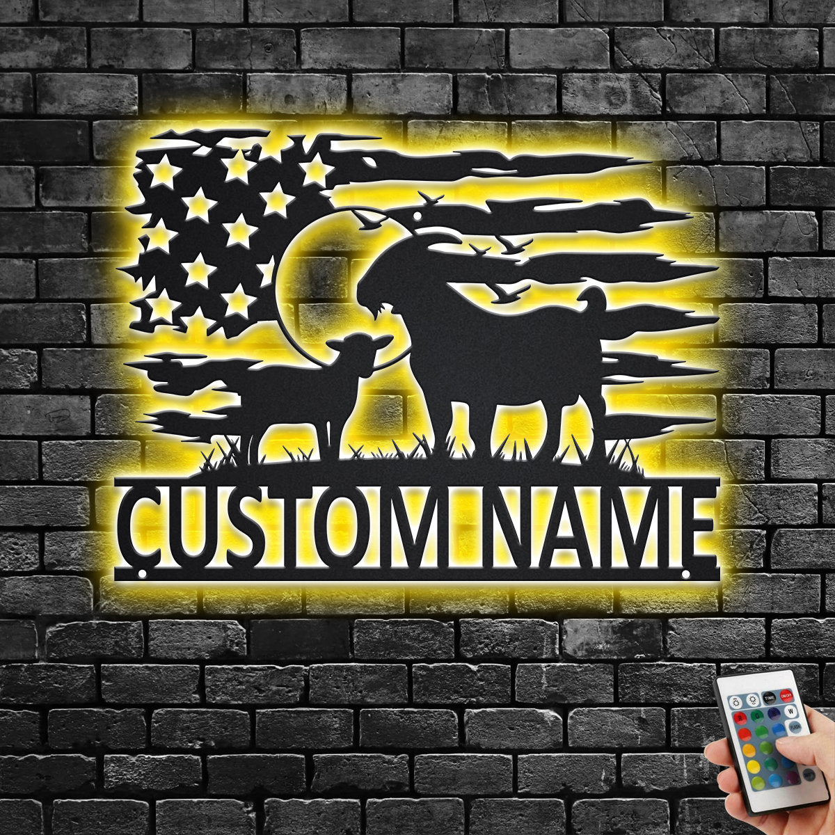 Custom US Goat Farm Metal Wall Art With LED Light, Personalized Goat Farm Name Sign Decoration For Living Room, Goat Farming Metal LED Decor