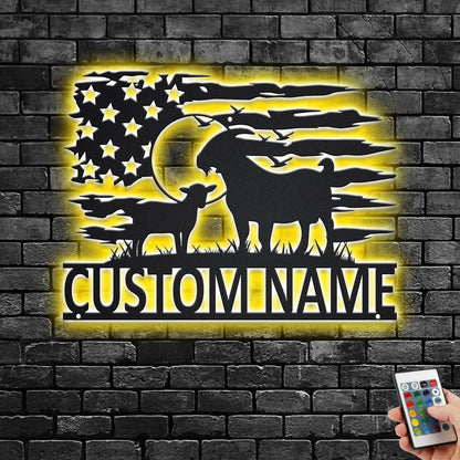 Custom US Goat Farm Metal Wall Art With LED Light, Personalized Goat Farm Name Sign Decoration For Living Room, Goat Farming Metal LED Decor