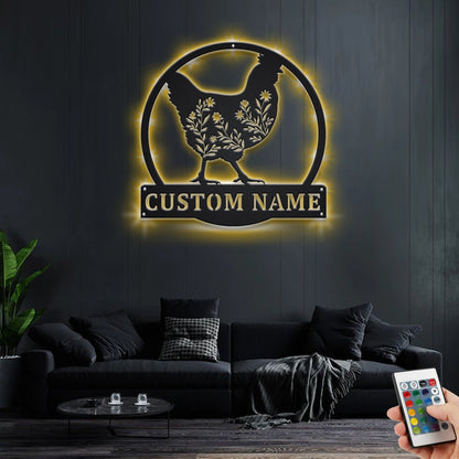 Custom Floral Chicken Metal Wall Art With LED Light, Personalized Chicken Farm Name Sign Decoration For Room, Chicken Farm Metal LED Decor