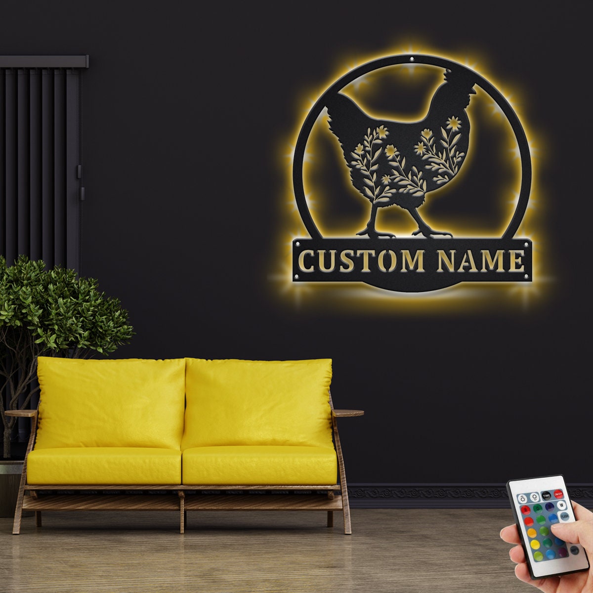 Custom Floral Chicken Metal Wall Art With LED Light, Personalized Chicken Farm Name Sign Decoration For Room, Chicken Farm Metal LED Decor