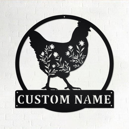 Custom Floral Chicken Metal Wall Art With LED Light, Personalized Chicken Farm Name Sign Decoration For Room, Chicken Farm Metal LED Decor