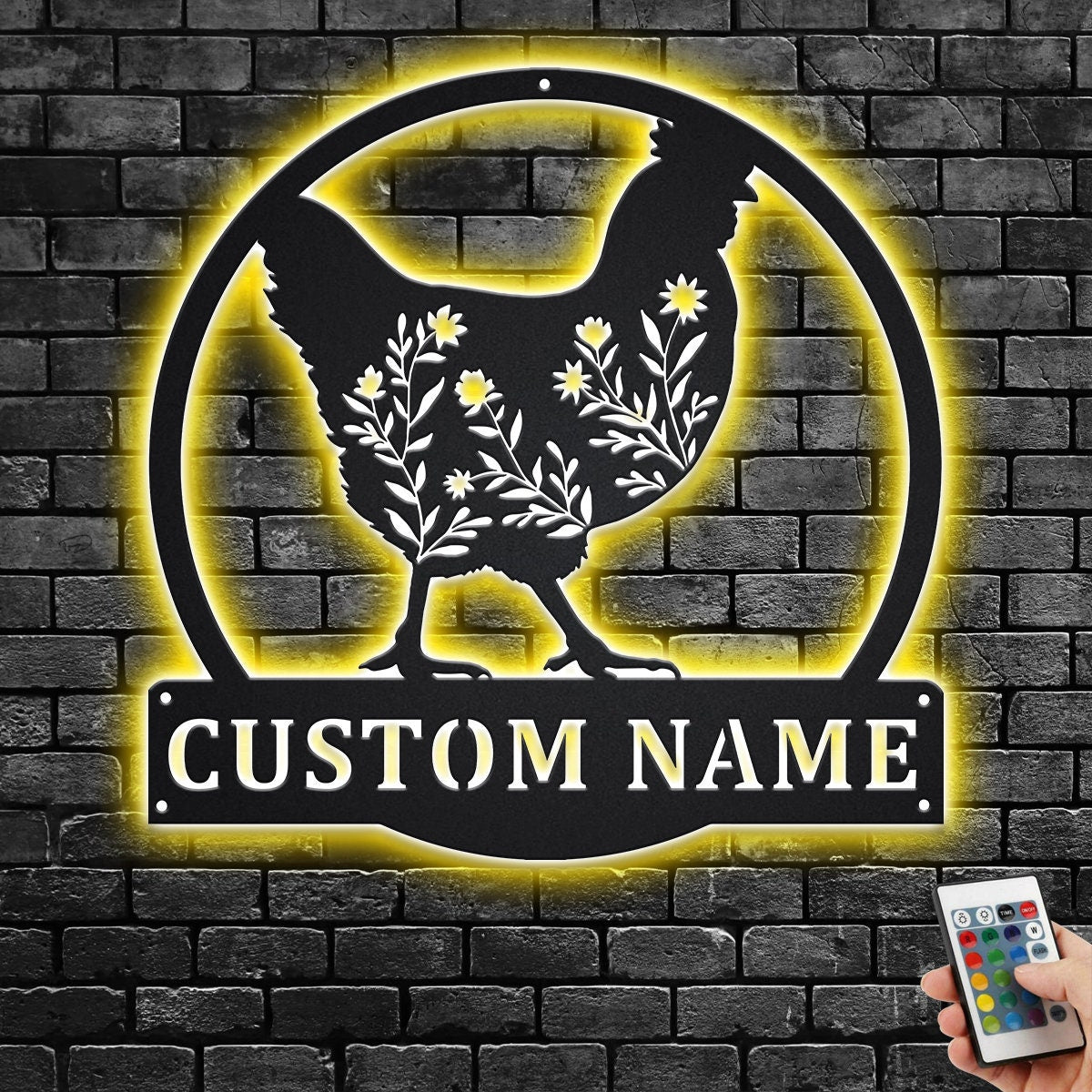 Custom Floral Chicken Metal Wall Art With LED Light, Personalized Chicken Farm Name Sign Decoration For Room, Chicken Farm Metal LED Decor