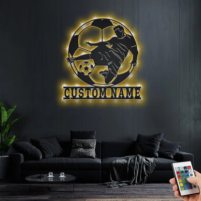 Custom Soccer Metal Wall Art With LED Light, Personalized Soccer Player Name Sign Decoration For Room, Soccer Metal LED Decor, Custom Soccer