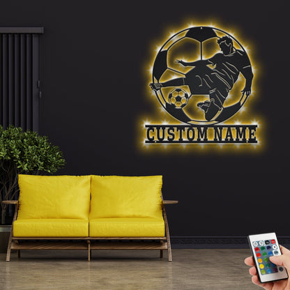 Custom Soccer Metal Wall Art With LED Light, Personalized Soccer Player Name Sign Decoration For Room, Soccer Metal LED Decor, Custom Soccer