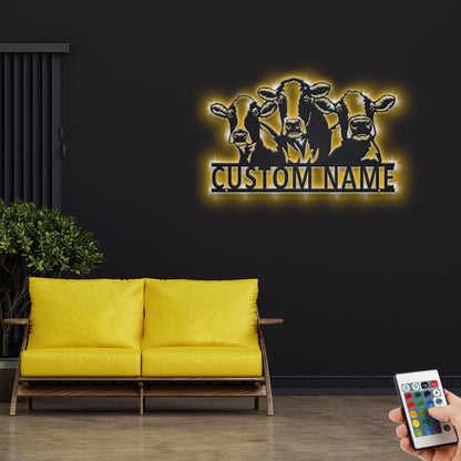 Custom Cow Farm Metal Wall Art With LED Light, Personalized Cow Farm Name Sign Decoration For Room, Cow Farm Metal LED Decor,Custom Cow Farm