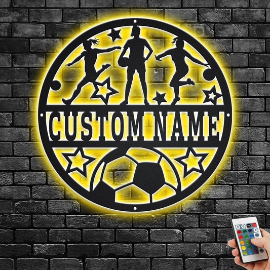 Custom Soccer Female Metal Wall Art With LED Light, Personalized Soccer player Name Sign Decoration For Room, Soccer Metal LED Decor