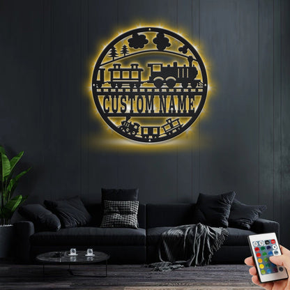 Custom Train Metal Wall Art With LED Light, Personalized Soccer Train Sign Decoration For Room, Train Metal LED Decor, Custom Train Sign