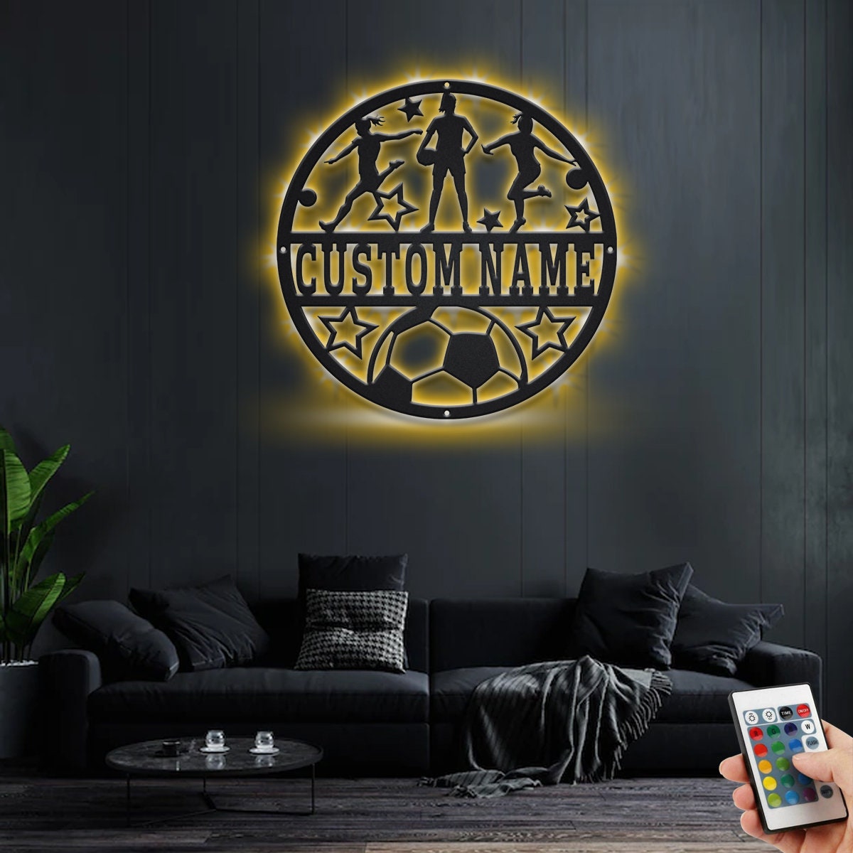 Custom Soccer Female Metal Wall Art With LED Light, Personalized Soccer player Name Sign Decoration For Room, Soccer Metal LED Decor