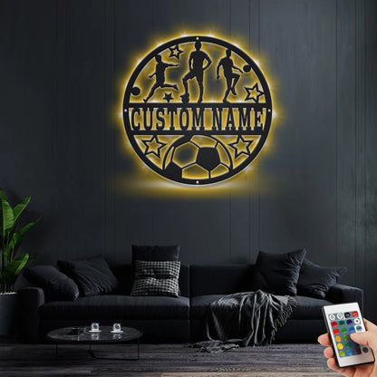 Custom Soccer Male Metal Wall Art With LED Light, Personalized Soccer player Name Sign Decoration For Room, Soccer Metal LED Decor