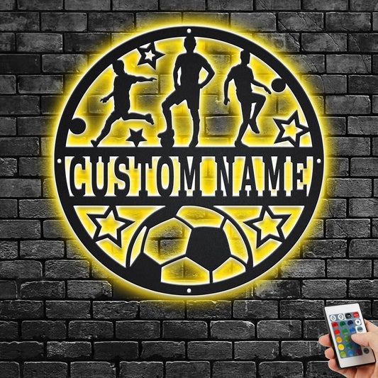 Custom Soccer Male Metal Wall Art With LED Light, Personalized Soccer player Name Sign Decoration For Room, Soccer Metal LED Decor