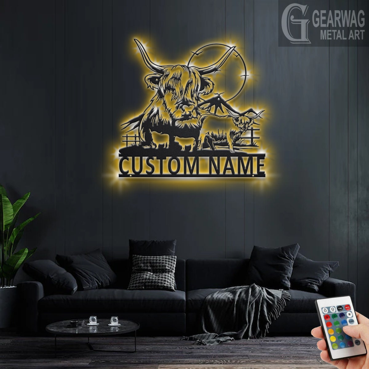 Custom Highland Cow Metal Wall Art With LED Light, Personalized Highland Cow Farm Name Sign Decoration For Room,Highland Cow Metal LED Decor