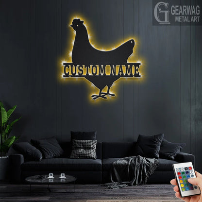 Custom Chicken Metal Wall Art With LED Light, Personalized Chicken Farm Name Sign Decoration For Room, Chicken Metal LED Decor, Chicken Farm