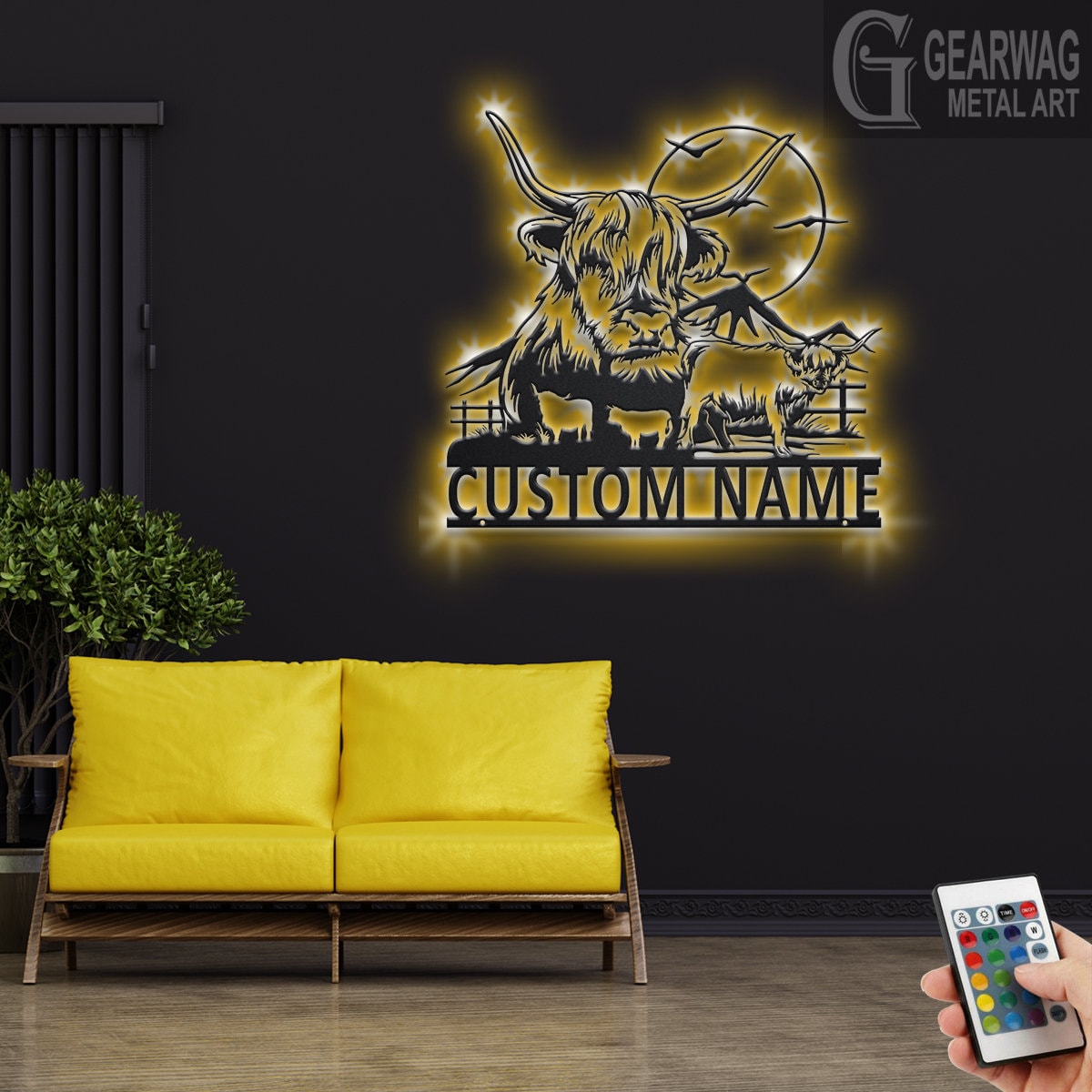 Custom Highland Cow Metal Wall Art With LED Light, Personalized Highland Cow Name Sign Decoration For Room, Highland Cow Metal LED Decor