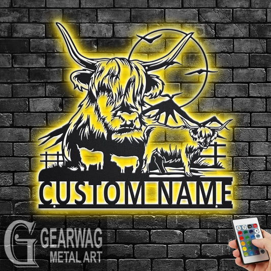 Custom Highland Cow Metal Wall Art With LED Light, Personalized Highland Cow Name Sign Decoration For Room, Highland Cow Metal LED Decor