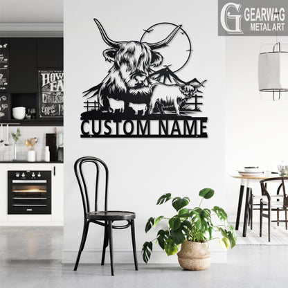 Custom Highland Cow Metal Wall Art With LED Light, Personalized Highland Cow Farm Name Sign Decoration For Room,Highland Cow Metal LED Decor