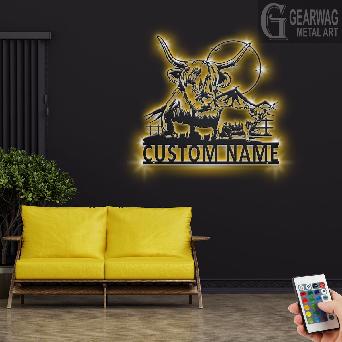 Custom Highland Cow Metal Wall Art With LED Light, Personalized Highland Cow Farm Name Sign Decoration For Room,Highland Cow Metal LED Decor