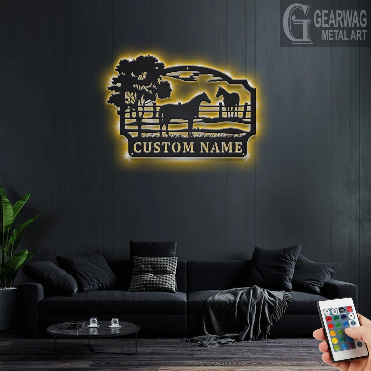 Custom Farm Horse Metal Wall Art With LED Light, Personalized Horse Farm Name Sign Decoration For Room, Farm Horse Metal LED Decor