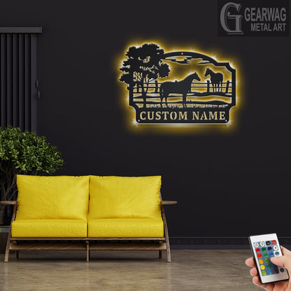 Custom Farm Horse Metal Wall Art With LED Light, Personalized Horse Farm Name Sign Decoration For Room, Farm Horse Metal LED Decor