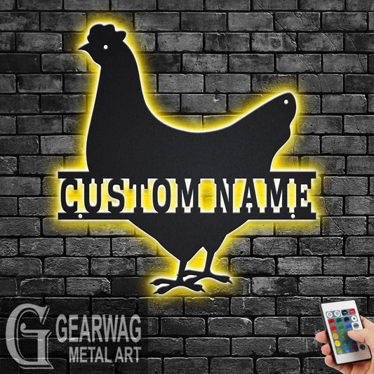 Custom Chicken Metal Wall Art With LED Light, Personalized Chicken Farm Name Sign Decoration For Room, Chicken Metal LED Decor, Chicken Farm