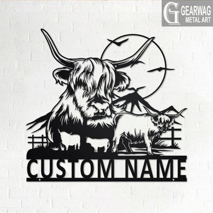 Custom Highland Cow Metal Wall Art With LED Light, Personalized Highland Cow Name Sign Decoration For Room, Highland Cow Metal LED Decor