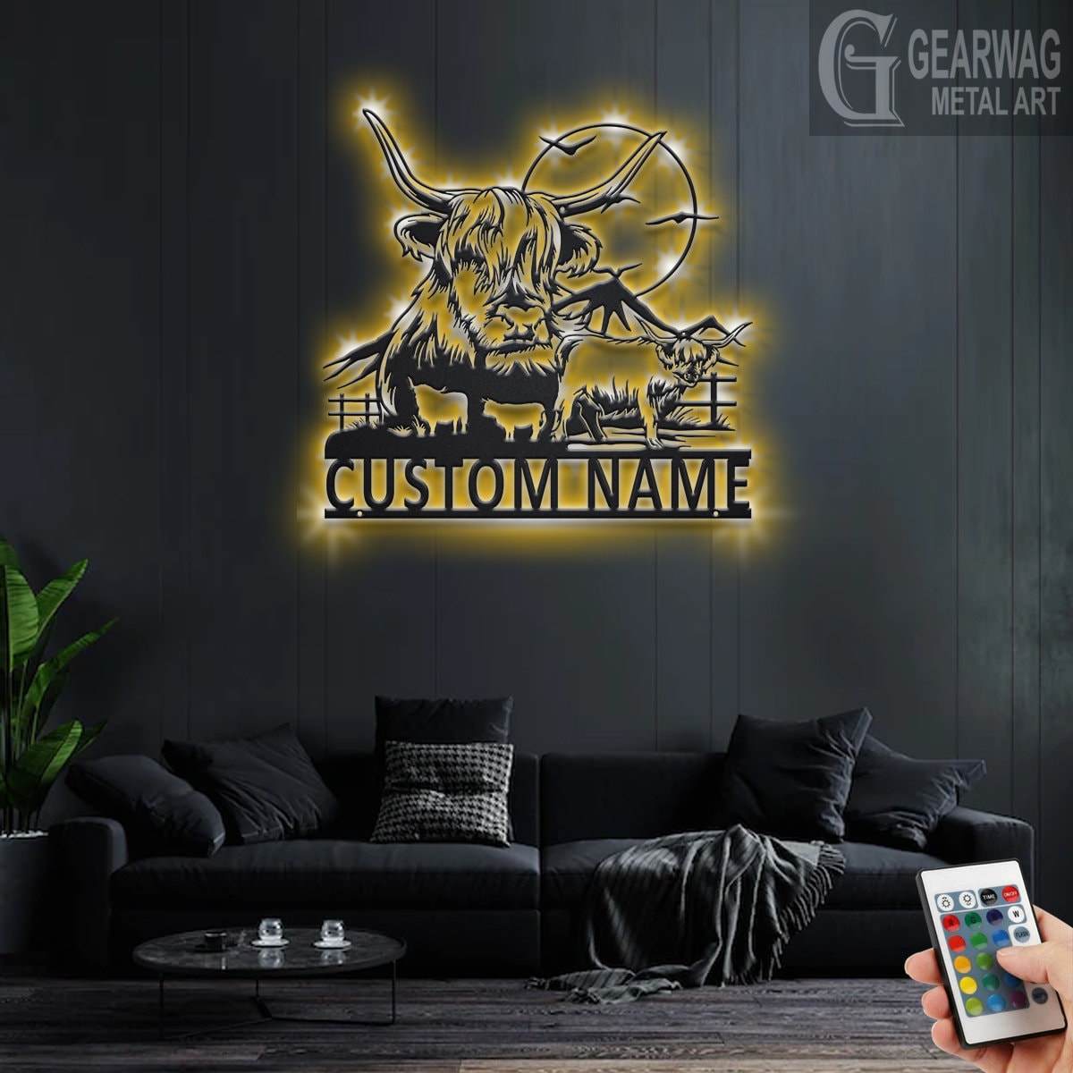 Custom Highland Cow Metal Wall Art With LED Light, Personalized Highland Cow Name Sign Decoration For Room, Highland Cow Metal LED Decor