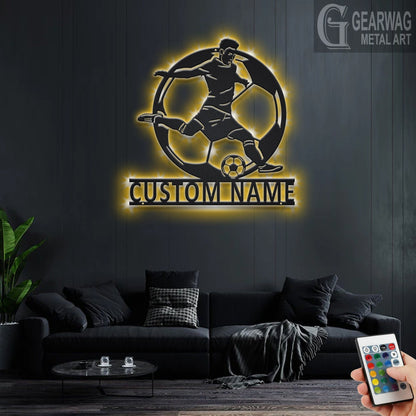 Custom Soccer Metal Wall Art With LED Light, Personalized Soccer Player Name Sign Decoration For Room, Male Soccer Player Metal LED Decor