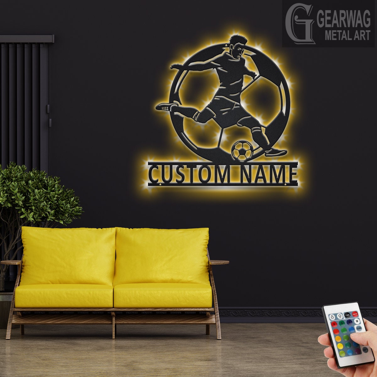 Custom Soccer Metal Wall Art With LED Light, Personalized Soccer Player Name Sign Decoration For Room, Male Soccer Player Metal LED Decor