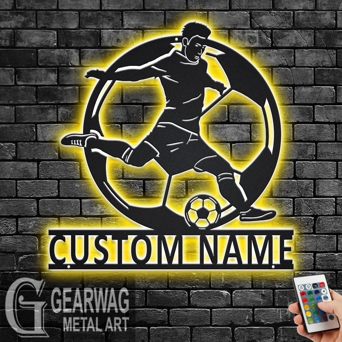 Custom Soccer Metal Wall Art With LED Light, Personalized Soccer Player Name Sign Decoration For Room, Male Soccer Player Metal LED Decor