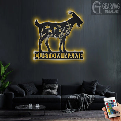 Custom Goat Floral Metal Wall Art With LED Light, Personalized Goat Farm Name Sign Decoration For Room, Goat Metal LED Decor, Custom Goat