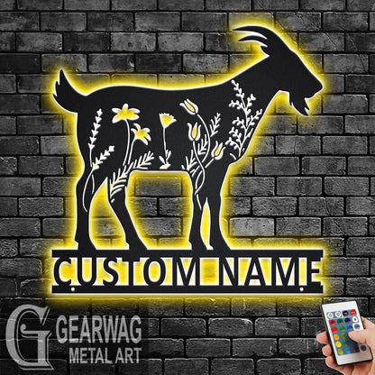 Custom Goat Floral Metal Wall Art With LED Light, Personalized Goat Farm Name Sign Decoration For Room, Goat Metal LED Decor, Custom Goat