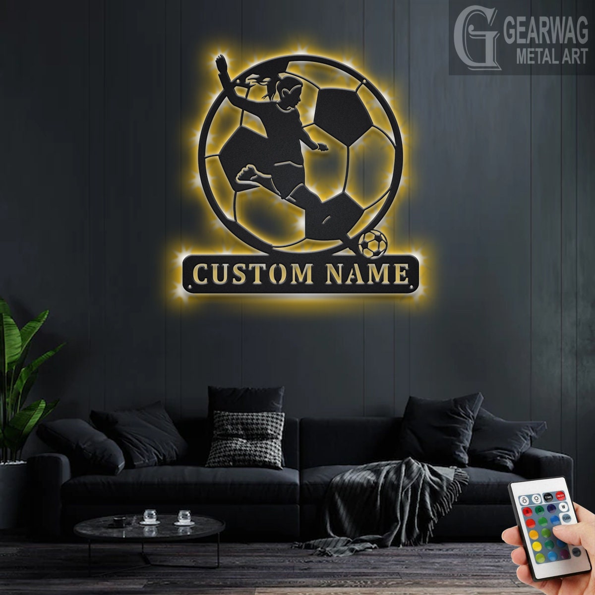 Custom Soccer Metal Wall Art With LED Light, Personalized Soccer Player Name Sign Decoration For Room, Female Soccer Player Metal LED Decor