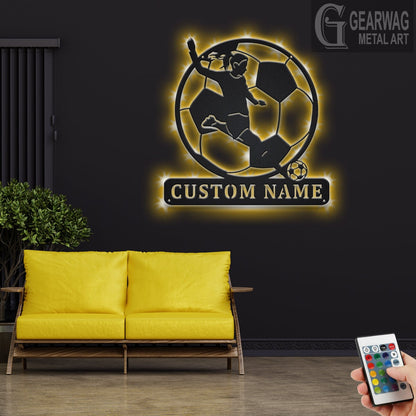 Custom Soccer Metal Wall Art With LED Light, Personalized Soccer Player Name Sign Decoration For Room, Female Soccer Player Metal LED Decor